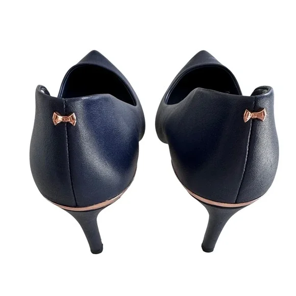 Ted Baker London Navy Leather Pumps 39 Pointed Toe Stiletto Gold Toe Cap Heels - Picture 7 of 10